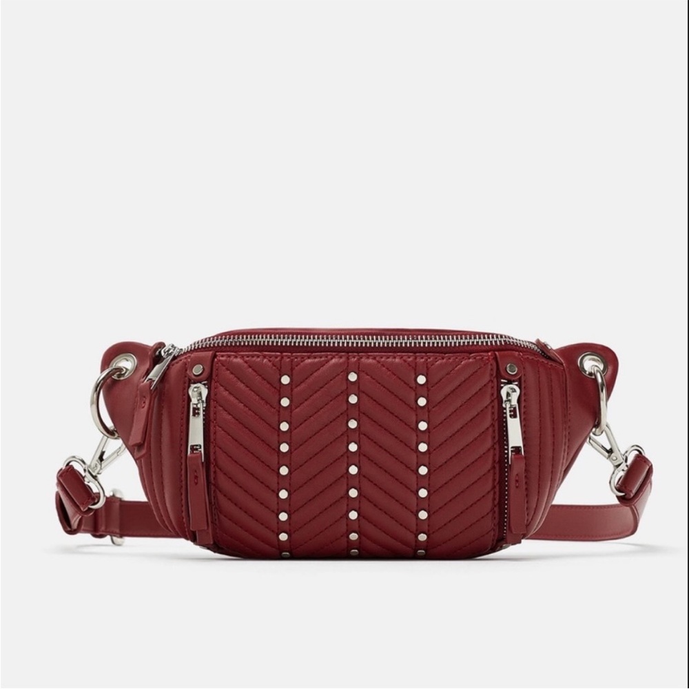 Zara Faux Leather Red waist bag with studs. NWOT